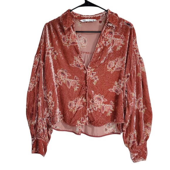 Zara Women's Velvet Burnout Orange Floral Cropped Button Shirt - Large - Picture 1 of 9